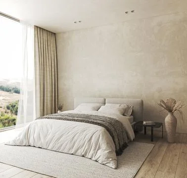 Bedroom interior mockup in boho style with fringed blanket, pillows, white Ilustração Stock