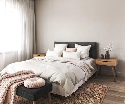 Bedroom interior mockup in boho style with wooden floor and table. Black bed 스톡 일러스트