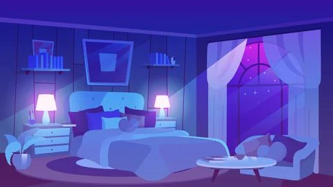Bedroom interior in moonlight rays flat vector illustration Stock Illustration