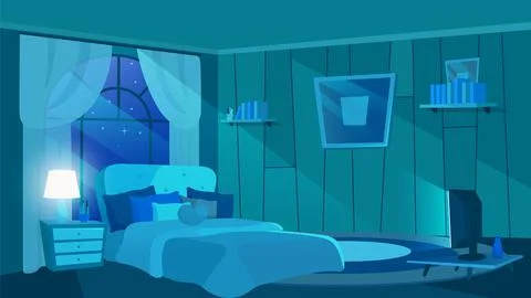 Bedroom interior in moonlight rays Stock Illustration