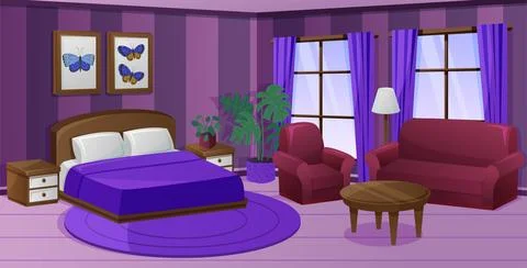 Bedroom interior at night. Decor in dark room. Comfortable bed and sofa. Wi.. Stock Illustration
