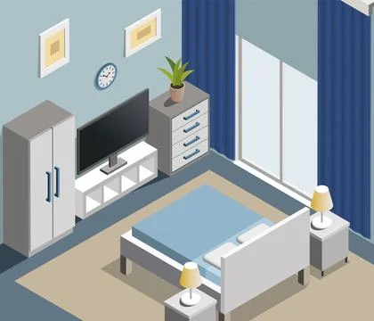 Bedroom interior vector isometric illustration Stock Illustration