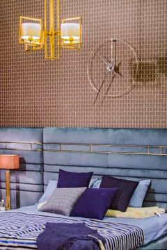Bedroom interior in zigzag style modern, vintage bedroom with retro wallpaper Stock Photos