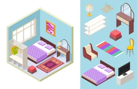 Bedroom isometric. Vector bed, lamp, chair, bookshelf, pillows. Isometric Illustrazione stock