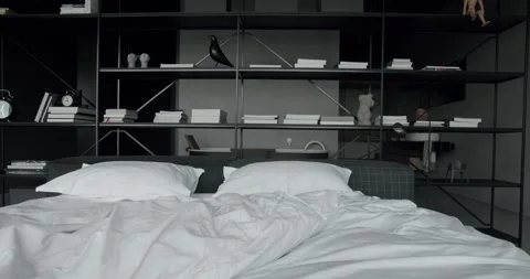 Bedroom With a King Sized Bed. Interior with bookshelf on the wall. Real Estate. Stock Footage 313355277
