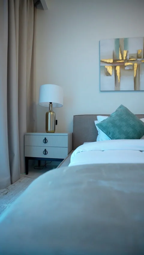 Bedroom with a laconic light design in an elite residential building Stock Footage 274896005