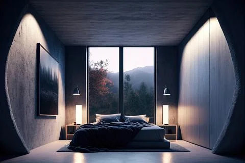 A bedroom with a large window and a bed, a 3D render Stock Illustration