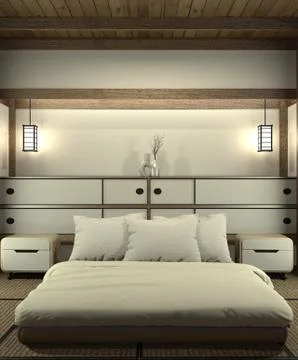Bedroom modern zen interior design with decoration japanese style.3D renderin Stock Illustration