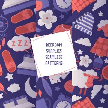 Bedroom supplies set of seamless patterns vector illustration. Night equipment 스톡 일러스트