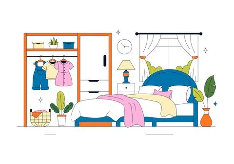 Bedroom Vector Illustration Featuring Modern Interior Design, Cozy Sleeping.. Stock Illustration