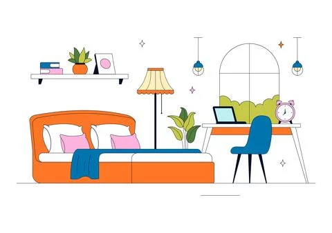 Bedroom Vector Illustration Featuring Modern Interior Design, Cozy Sleeping.. Illustrazione stock