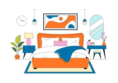 Bedroom Vector Illustration Featuring Modern Interior Design, Cozy Sleeping.. Illustrazione stock