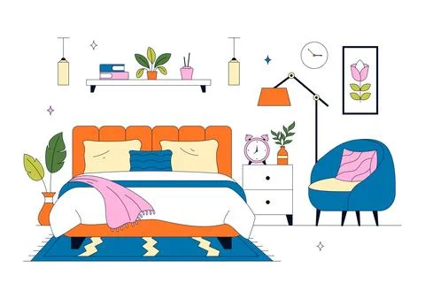 Bedroom Vector Illustration Featuring Modern Interior Design, Cozy Sleeping.. Stock Illustration