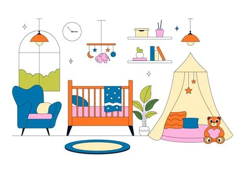 Bedroom Vector Illustration Featuring Modern Interior Design, Cozy Sleeping.. Illustrazione stock