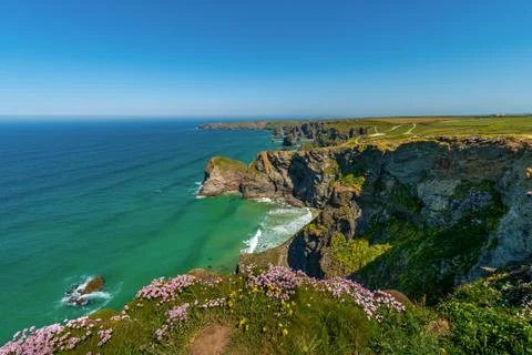 Bedruthan Steps in South Cornwall between Newquay and Padstow,England Stock Photos