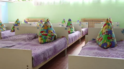 Beds with pillows in kindergarten Stock Footage 63788871