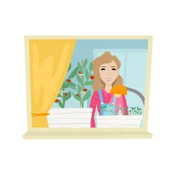 Beds with seedlings for growing vegetables on the window in the apartment. Stock Illustration