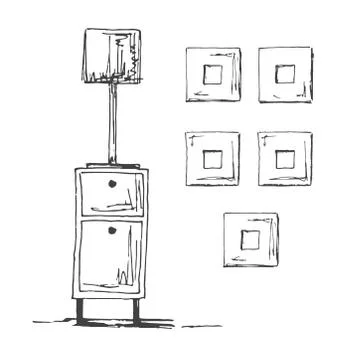 Bedside table with a lamp. Vector illustration in sketch style. Stock Illustration