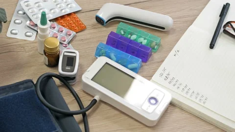 Bedside table of a sick person. Various medicines and devices necessary for a Stock Footage 189780858