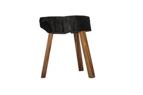 Bedside table, stool made of natural burnt wood isolated on white background. Stock Photos