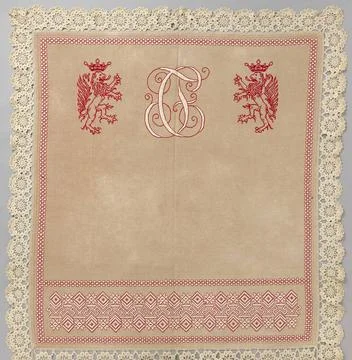 Bedspread with monogram embroidered in white and red with the letters CF o... 写真素材