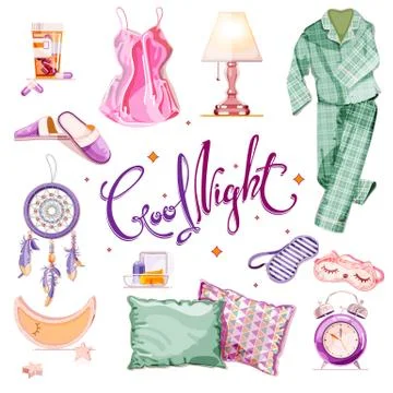 Bedtime and bedroom design elements. Vector cartoon illustration. Good night イラスト素材