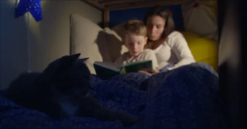 Bedtime reading mum and son 50fps Stock Footage 47004308