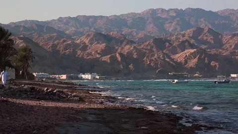 Beduin boats rock on the waves in Dahab, Red Sea, Egypt Stock Footage 82685555