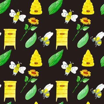Bee and beehive seamless pattern. Endless background with cute insects. Repea Stock Illustration