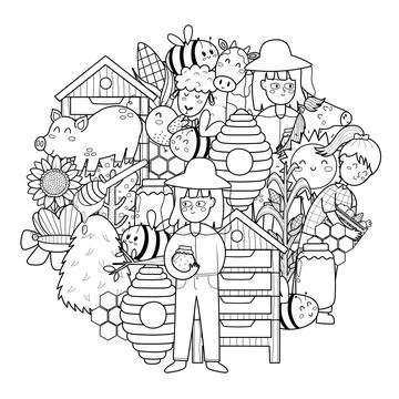 Bee and beekeeper circle shape coloring page. Doodle mandala with farm Stock Illustration