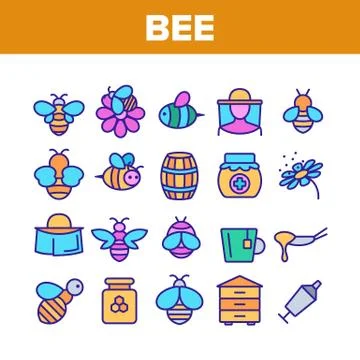 Bee And Honey Collection Elements Icons Set Vector Stock Illustration
