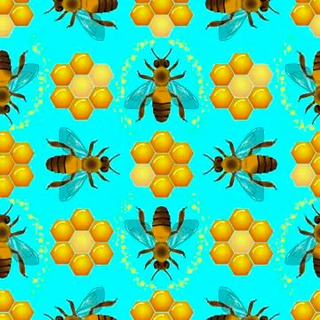 Bee and honey. Seamless pattern. Blue background Stock Illustration