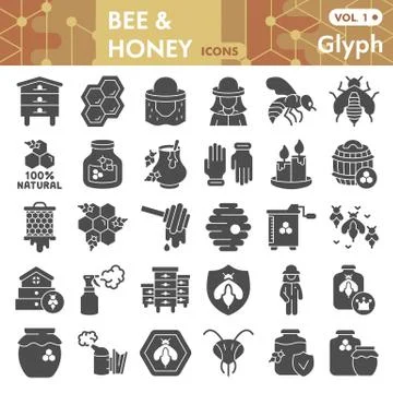 Bee and honey solid icon set, beekeeping symbols collection or sketches. Bee 스톡 일러스트