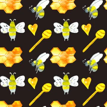Bee and honeycomb seamless pattern. Endless background with cute insects. Rep Stock Illustration