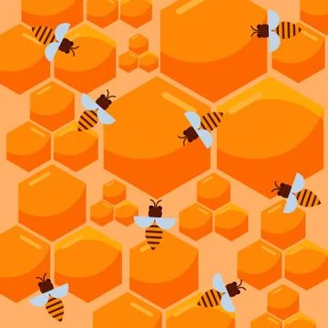 Bee and honeycomb vector pattern. Beekeeping and apiary theme with yellow 库存插图
