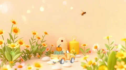 Bee and Pumpkin: 3D Render of Bee and Pumpkin Truck surrounded by pastel backgr Stock Footage 317968109