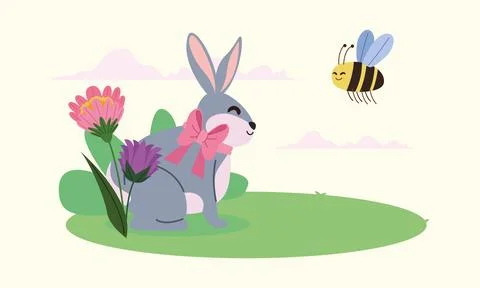 Bee and rabbit in garden Stock Illustration