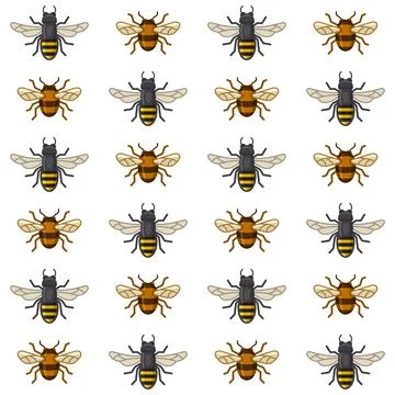 Bee and Wasp Seamless Pattern on White Background. Vector イラスト素材