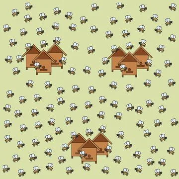 Bee apiary. Beehive with bees in cartoon style. Seamless pattern. Vector illu Stock Illustration