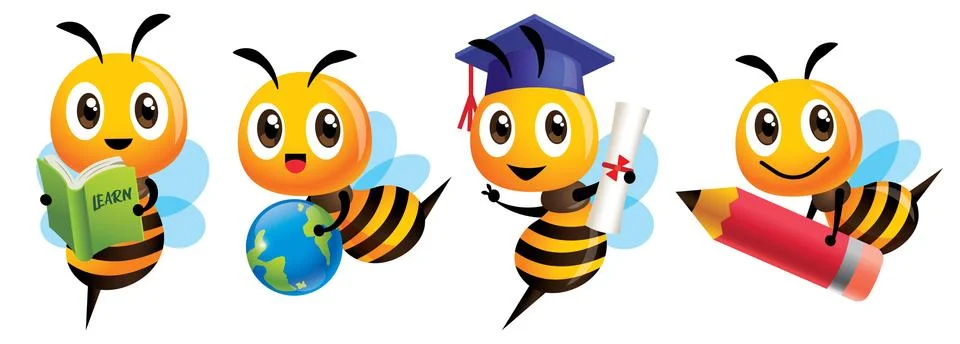 Bee Back to school set. Cartoon cute bee education mascot set Ilustración de archivo