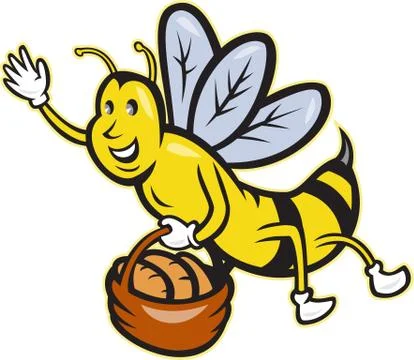 Bee carrying basket bread loaf cartoon. Ilustración de archivo