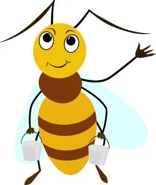 Bee cartoon smiling with two buckets Stock Illustration