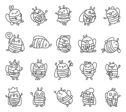 Bee character set in outline line art Stock Illustration