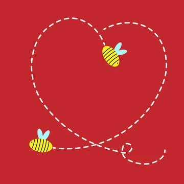 Bee with a dotted line in the shape of a heart on a red background. Stock Illustration