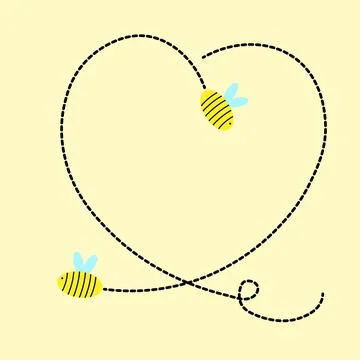 Bee with a dotted line in the shape of a heart on a yellow background. Stock Illustration