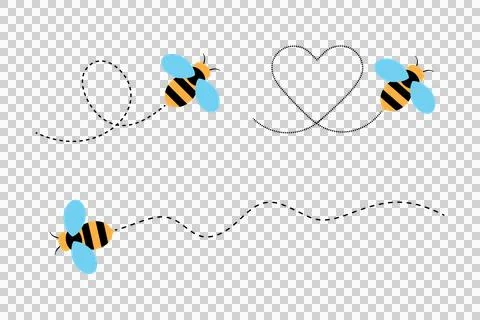 Bee flight trail vector set with dotted path lines. Stock Illustration