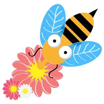 Bee with flowers isolated on white background. Vector illustration. Illustrazione stock