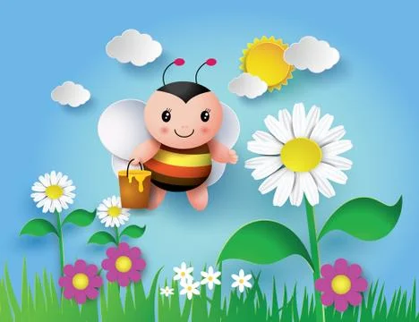 Bee flying around with a brimful jar of delicious honey. Stock Illustration