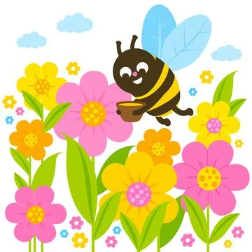 Bee flying around flowers. Vector illustration Stock Illustration