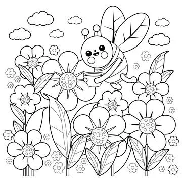 Bee flying around the flowers. Vector black and white coloring page. Stock Illustration